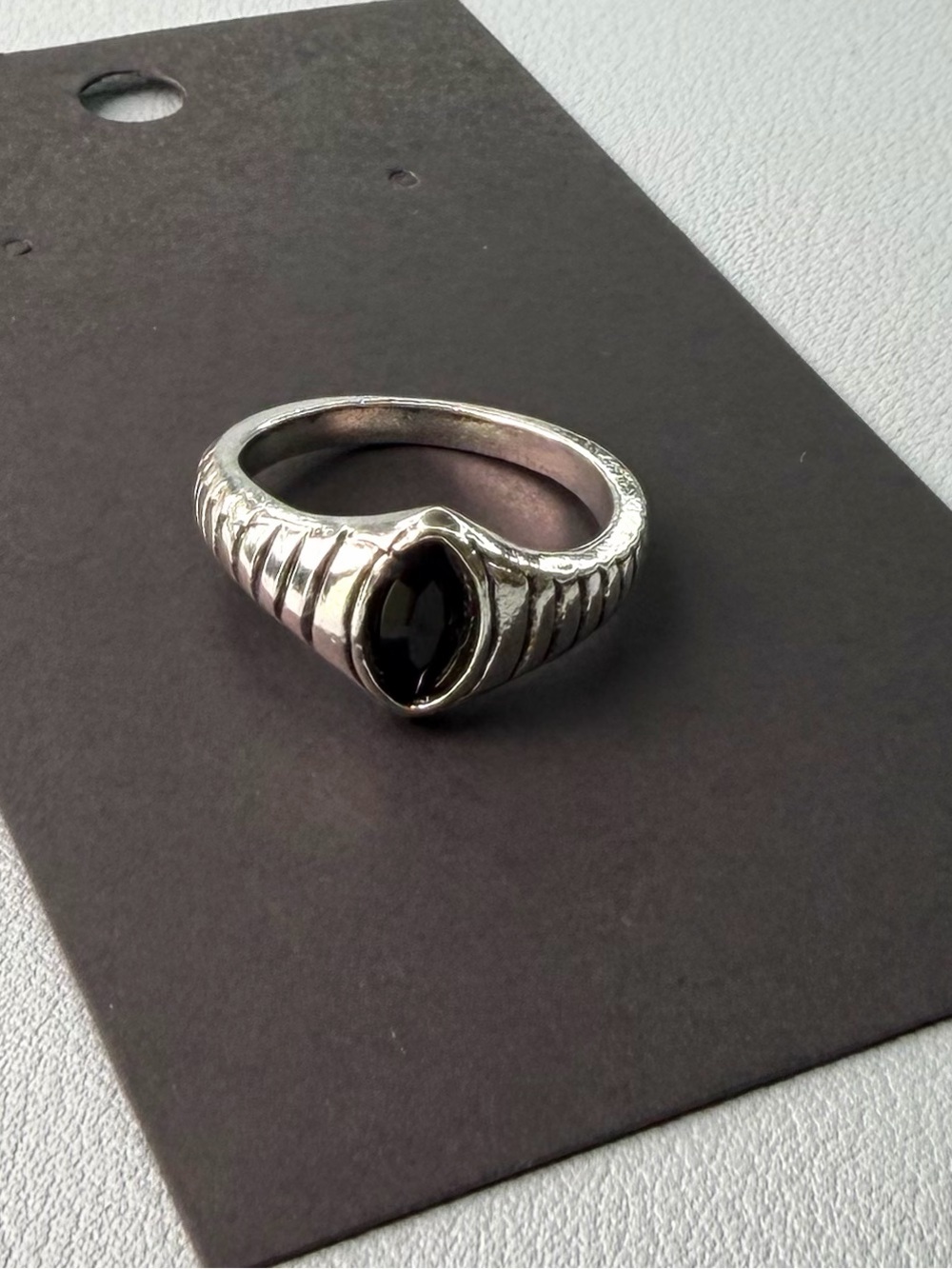 Sterling-Style Silver Ring with Black Marquise Stone